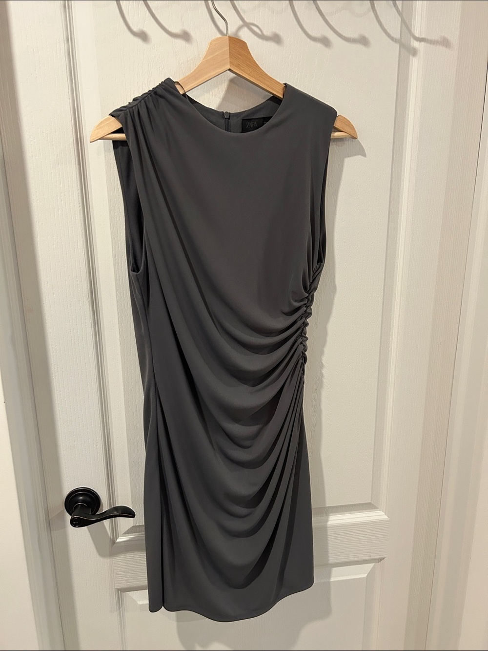 Sleeveless Dark Grey Ruched Midi Dress